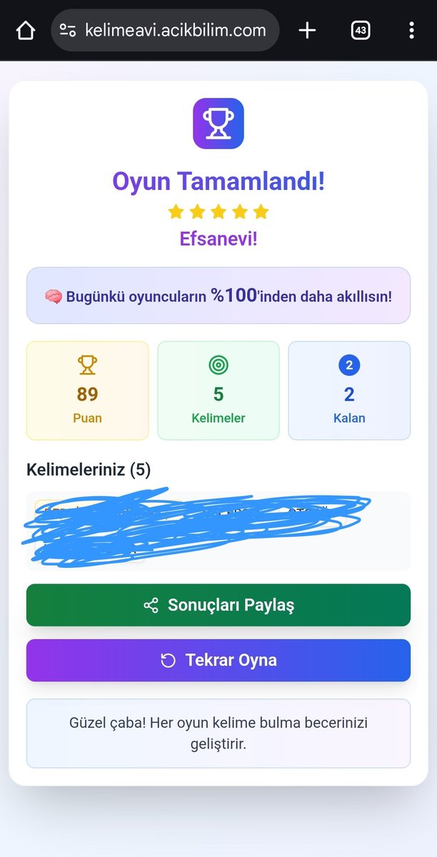 Hodri meydan:)

🎯 Kelime Avı Sonuçlarım!
#00012 - 19 Ağustos 2025 Salı

⭐ Puan: 89 puan
📝 Bulunan Kelimeler: 5
🔤 Kalan Harfler: 2

Oyna: kelimeavi.acikbilim.com
#KelimeAvı