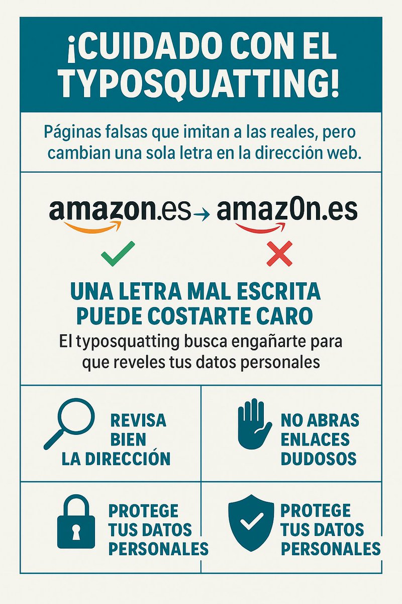 Typosquatting 👉 escribes mal una web: caes en una trampa.
Esto se llama typosquatting: páginas falsas que imitan sitios reales cambiando solo una letra.
Parecen legítimas, pero su objetivo es robarte datos.
🧠 Revisa siempre la dirección.
#Ciberseguridad #Typosquatting #estafa