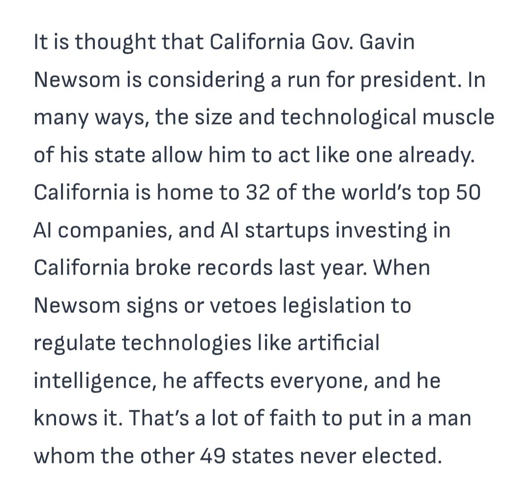 Logan Kolas (@logan_kolas) on Twitter photo Great new op-ed by my colleague <a href="/NateKarrenOnX/">Nate Karren</a> asking a simple question: should one man that isn't elected by 49 other states have this much power over AI?
Short answer: No. Great new op-ed by my colleague <a href="/NateKarrenOnX/">Nate Karren</a> asking a simple question: should one man that isn't elected by 49 other states have this much power over AI?
Short answer: No.
