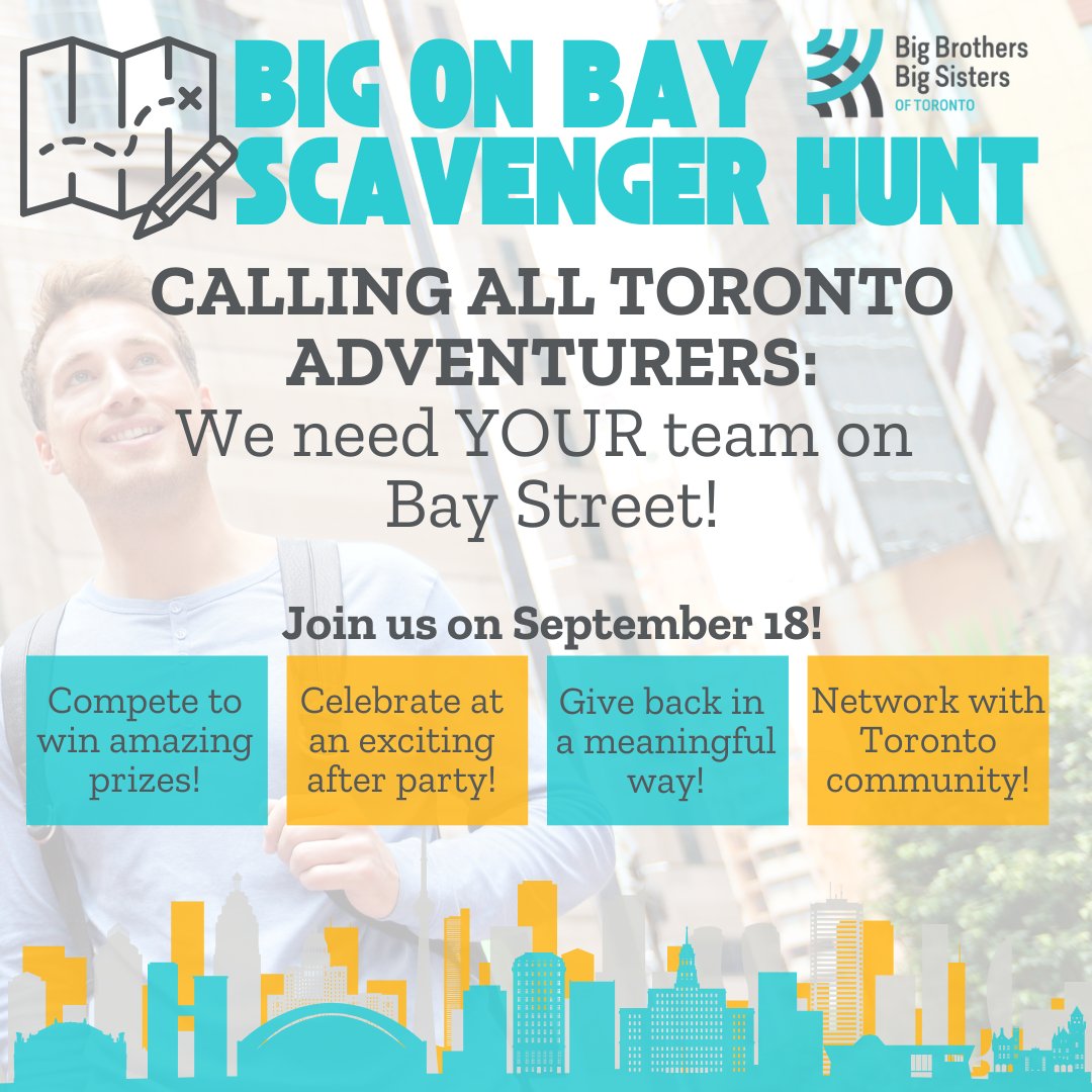 ⏳ Less than 1 month to register for the Big on Bay Scavenger Hunt in support of BBBST! 

Compete, celebrate &amp; give back to Toronto youth. 

Rally your team today, spots are filling fast: ow.ly/T9PP50WIoPU

#BigOnBay #BBBST #MentoringMatters