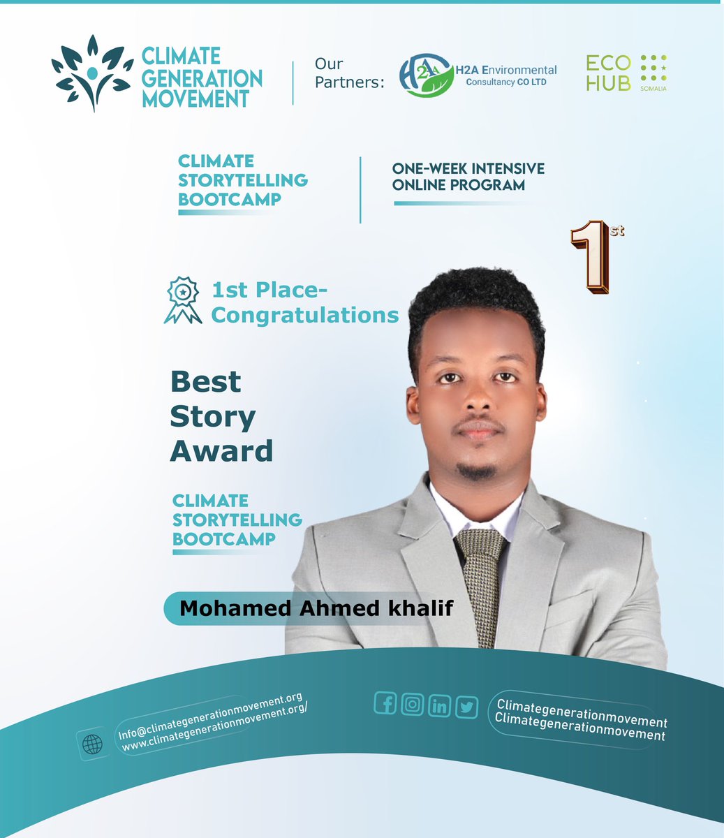 ClimateGenMove's tweet image. Congratulations to Mohamed Ahmed Khalif for winning 1st Place in the Best Story Award at the Climate Storytelling Bootcamp, organized by Climate Generation Movement - CGM.