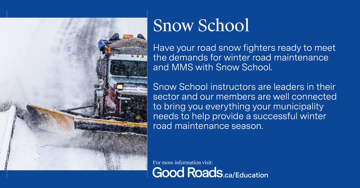 🛠️ Snow School is where winter maintenance professionals sharpen their skills. Stay ahead of the season with training designed for today’s challenges. Register now 👉 goodroads.ca/courses/snowsc…

#SnowSchool #GoodRoads #WinterMaintenance #PublicWorks