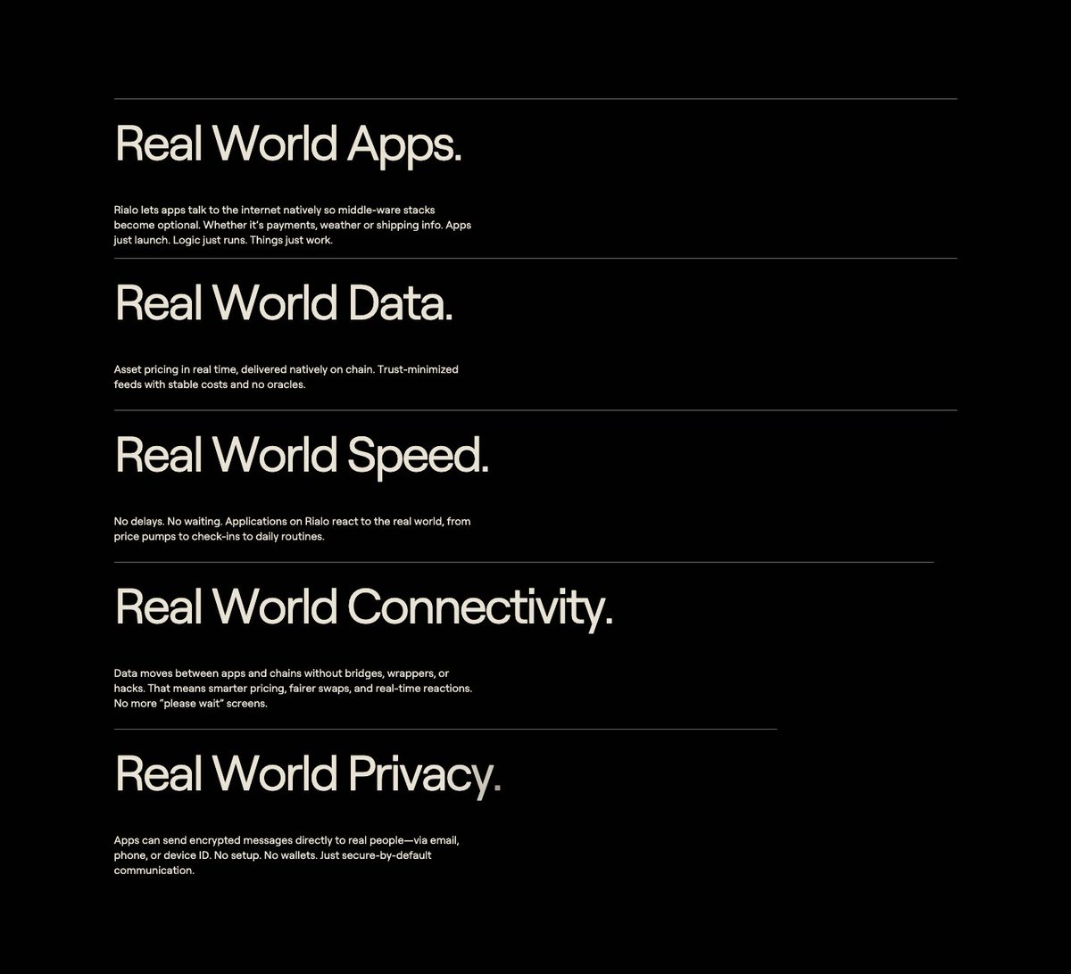 Most blockchains promise speed &amp; low fees. In practice you still rely on bridges, oracles and middleware.

<a href="/RialoHQ/">Rialo</a> takes a different route:
» Native real world connectivity (no external oracles)
» Real time data feeds on-chain
» Subsecond finality
» Encrypted messaging via