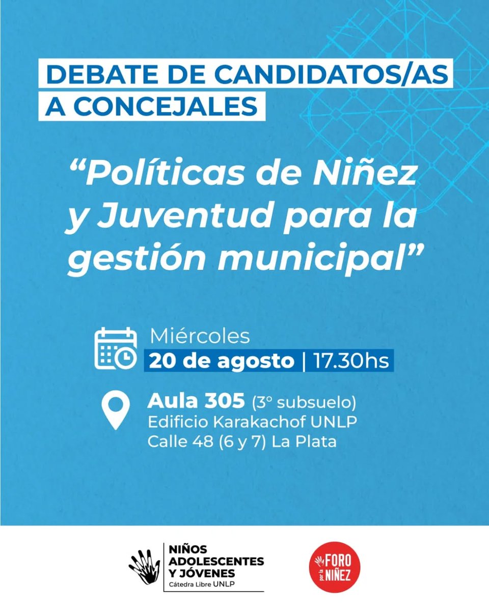 #NiñezEnAgenda Candidatas y candidatos al <a href="/ConcejoLaPlata/">Concejo Deliberante de La Plata</a> de <a href="/LaPlataMLP/">Municipalidad de La Plata</a> debatirán el 20 de agosto sobre “Políticas de Niñez y Juventud para la gestión municipal”. 

El evento que se realiza desde 2011 será en el edificio Karakachof de la <a href="/unlp/">UNLP</a>   

foroporlaniñez.org.ar/2025/08/debate…