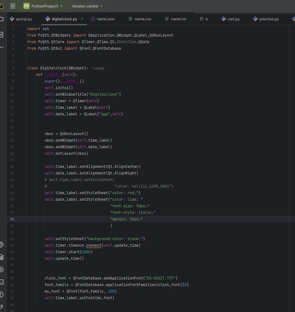 gpykss's tweet image. Just built a Digital Clock app with #Python & #PyQt5 🕒🔥
✅ Real-time clock
✅ Date display
✅ Custom digital font
✅ Black + red theme
Next: adding more interactivity (themes, alarms ⏰).
What would you build into it? 👇
#100DaysOfCode #PythonProjects