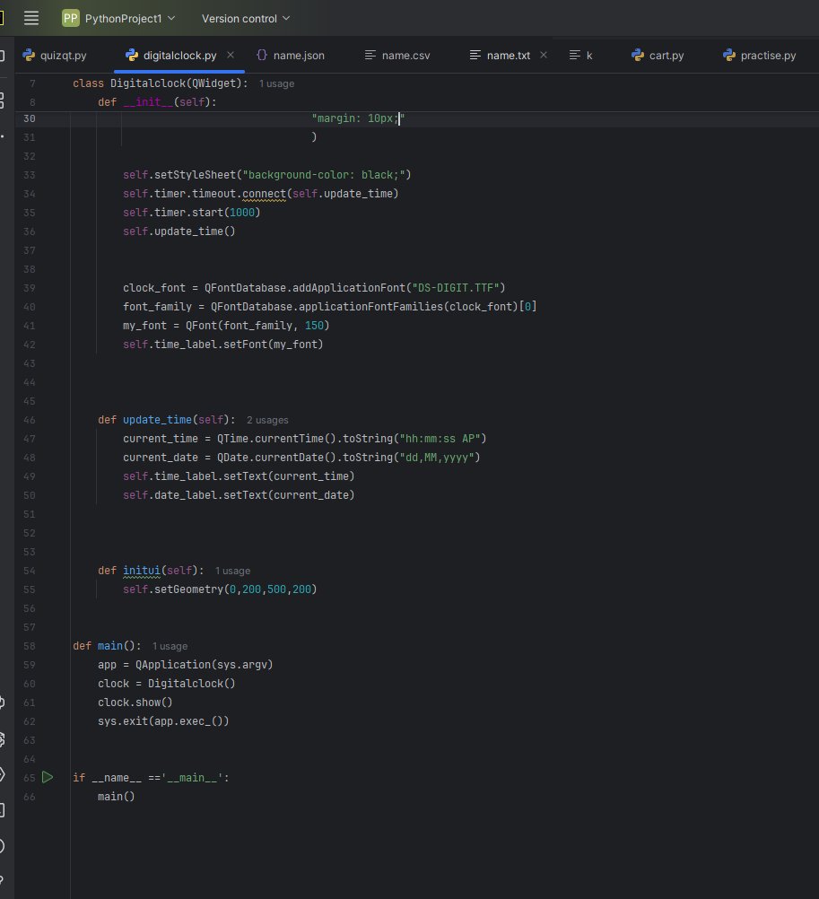 gpykss's tweet image. Just built a Digital Clock app with #Python & #PyQt5 🕒🔥
✅ Real-time clock
✅ Date display
✅ Custom digital font
✅ Black + red theme
Next: adding more interactivity (themes, alarms ⏰).
What would you build into it? 👇
#100DaysOfCode #PythonProjects