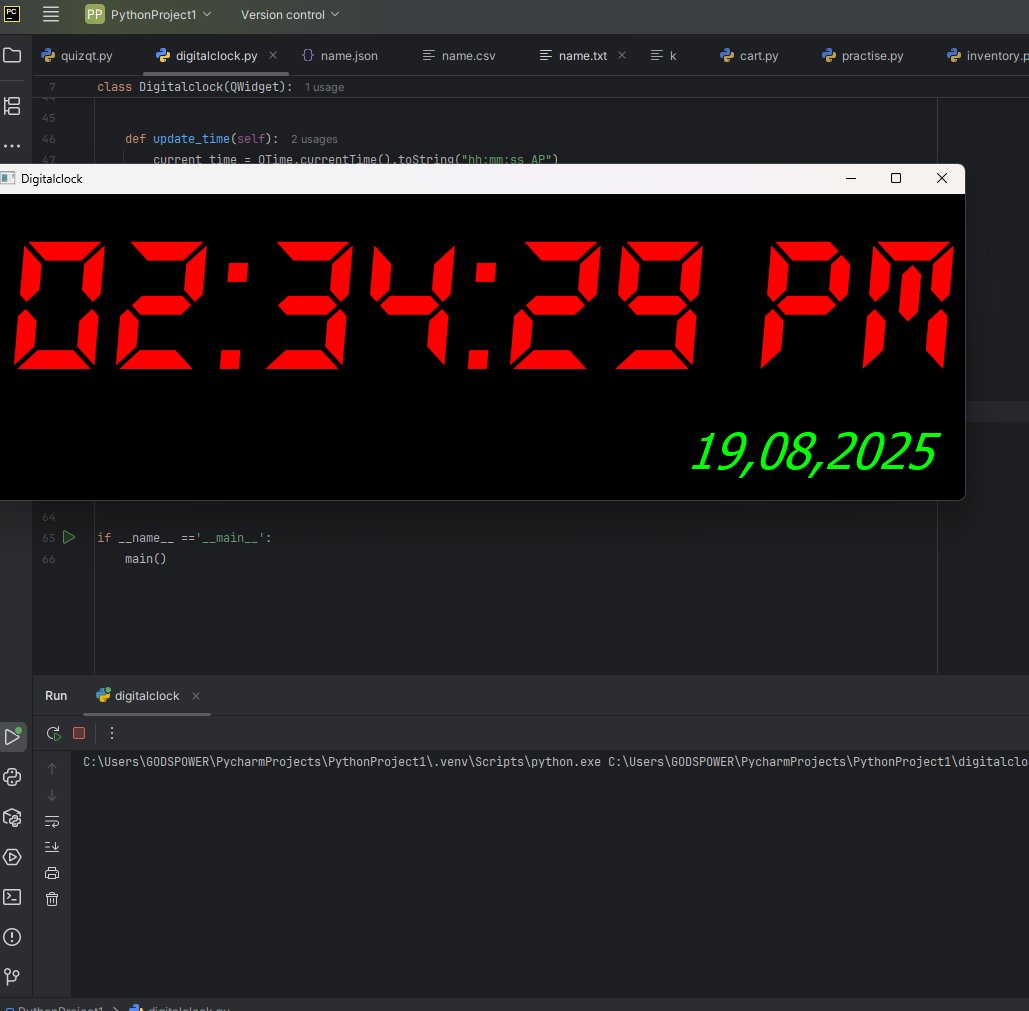 gpykss's tweet image. Just built a Digital Clock app with #Python & #PyQt5 🕒🔥
✅ Real-time clock
✅ Date display
✅ Custom digital font
✅ Black + red theme
Next: adding more interactivity (themes, alarms ⏰).
What would you build into it? 👇
#100DaysOfCode #PythonProjects