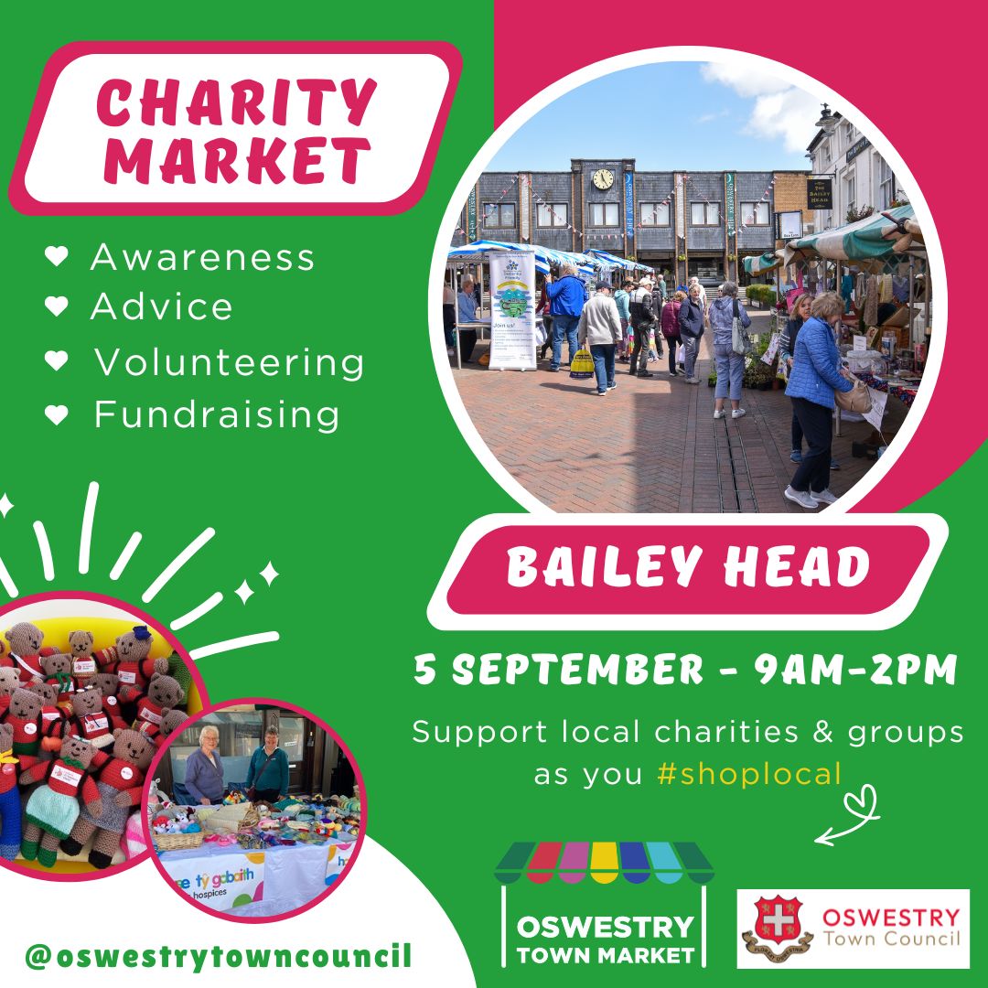 Are you a charity or not-for-profit looking to raise awareness, recruit volunteers or fundraise? Our market is offering free stalls on 5 Sept to showcase your great work. Interested in booking a stall? DM us or email: davidclough@oswestry-tc.gov.uk
#oswestry #community