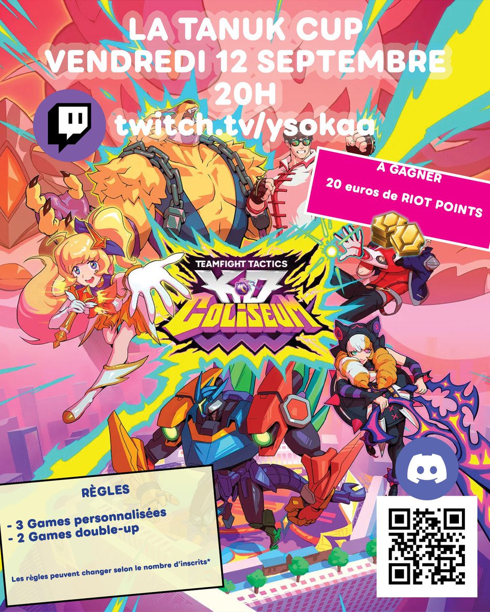 La Tanuk cup de retour en septembre sur #teamfighttactics
 
RDV le 12 septembre à 20H ! 

Inscription sur le discord (QR code sur l'image)

20 euros de Riot points à gagner 🫰

➡️En live sur twitch.tv/ysokaa ⬅️