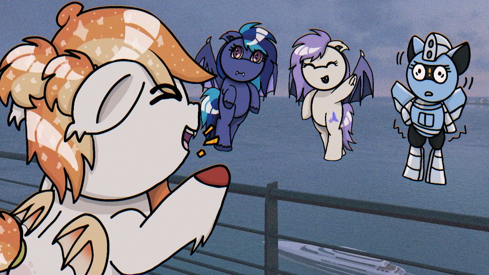 "Mango's social skills"
Ft Star Violet &amp; Swift Star (by <a href="/StarBatto/">Star Violet 🦇🔭</a> &amp; <a href="/stubby2156/">Stubby</a> )

All my characters can speak, but by further studying Mango... She just screeches. 

In order to study her social skills, I've drawn 2 more bat ponies receiving Mango's call

🔔NEW ANIMATION🔔
🔫