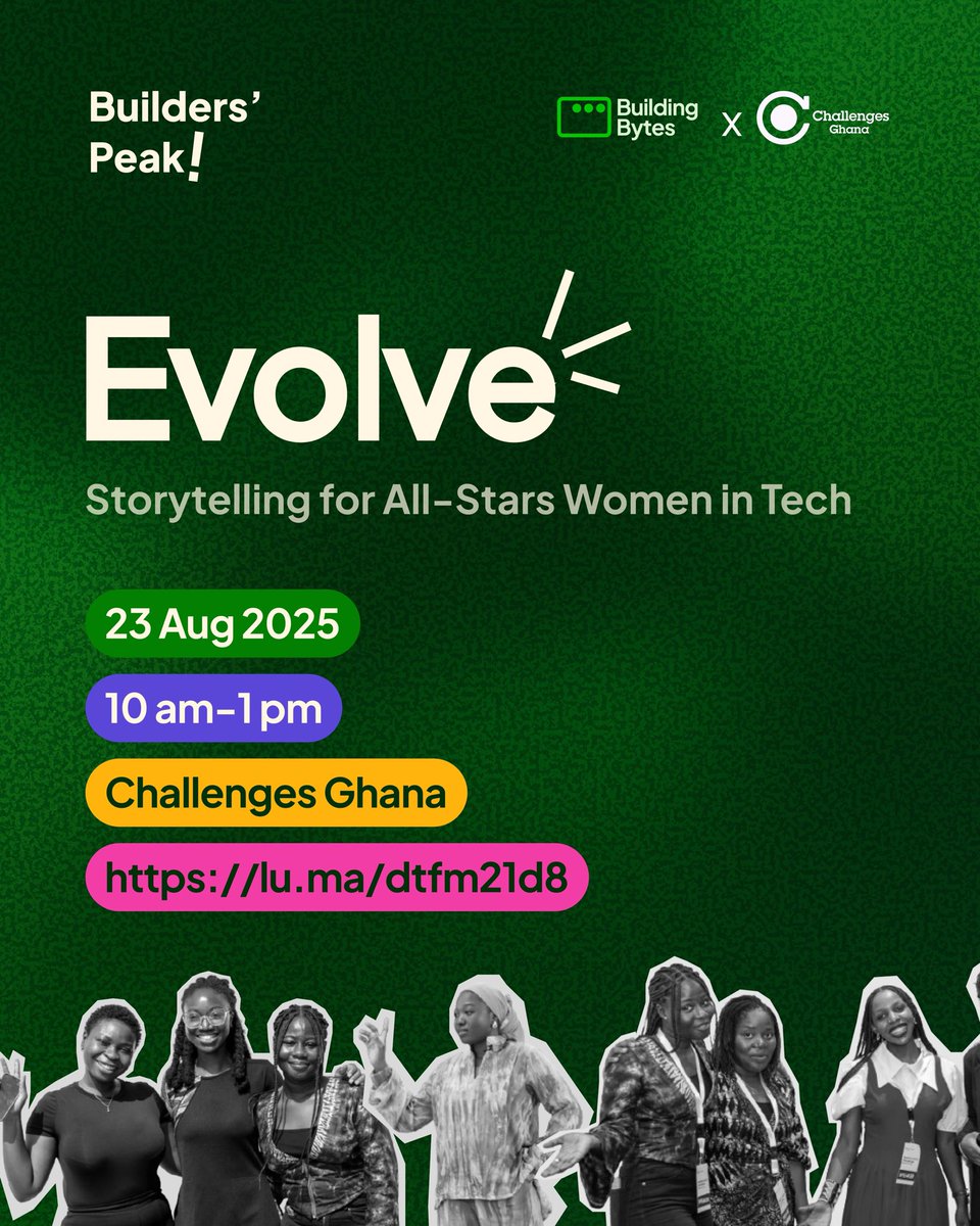 Because She Can (@becauseshecan_) on Twitter photo We’re super excited to announce a partnership with <a href="/BuildingBytes/">We are taking Ghana Tech to the WORLD! 🇬🇭🚀🌎</a> for the second edition of Builders' Peak!🎉
This year's theme "EVOLVE", is to celebrate and amplify the stories of women shaping Ghana's digital future. Join us this Saturday from 9:00 AM – 1:00 PM. We’re super excited to announce a partnership with <a href="/BuildingBytes/">We are taking Ghana Tech to the WORLD! 🇬🇭🚀🌎</a> for the second edition of Builders' Peak!🎉
This year's theme "EVOLVE", is to celebrate and amplify the stories of women shaping Ghana's digital future. Join us this Saturday from 9:00 AM – 1:00 PM.