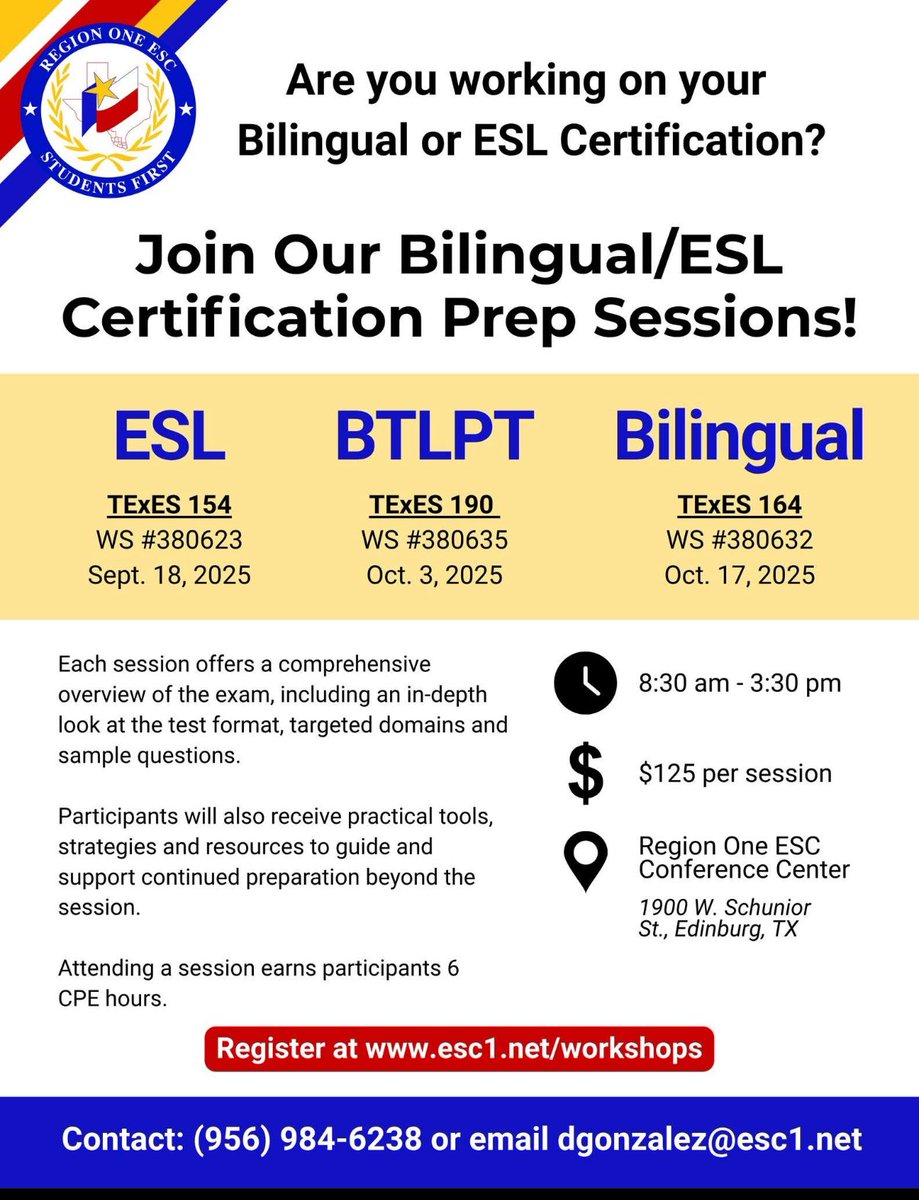 📚 Are you working on your Bilingual or ESL certification? We can help! Join our upcoming sessions here: esc1.net/workshops