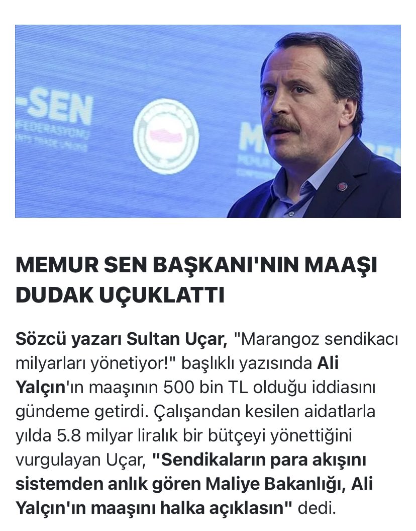 İşçiye çok maaş alıyor diyenler,
Ali Yalçın Sayın Cumhurbaşkanından da çok maaş alıyor,buna diyecek bir lafınızda varmı,bu sendikacıların vasfı ne,bu sendikacılar nereye hizmet ediyor tek icraatınız işçiler üzerinden "ALGI" YAPMAK