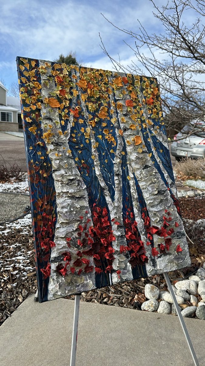 ArtArt45776940's tweet photo. Enjoy golden Colorado autumn. https://t.co/pSphjhfliC This 24x32" original mixed-media masterpiece is layered with sculptural impasto texture. 🍂✨
#Artfinder #ContemporaryArt #GoldLeafArt #TexturedArt #InteriorDesign #ArtForSale #AbstractArt #ArtLovers #ArtCollector #LandscapeArt #OlenaArt
Close-up of a large, textural original painting titled Golden Aspen Grove. Thick, sculptural layers of gold, yellow, and white impasto paint are applied with a palette knife to create an abstract impression of a sunlit aspen tree forest in Colorado during autumn. The surface is highly textured with peaks and valleys of paint.