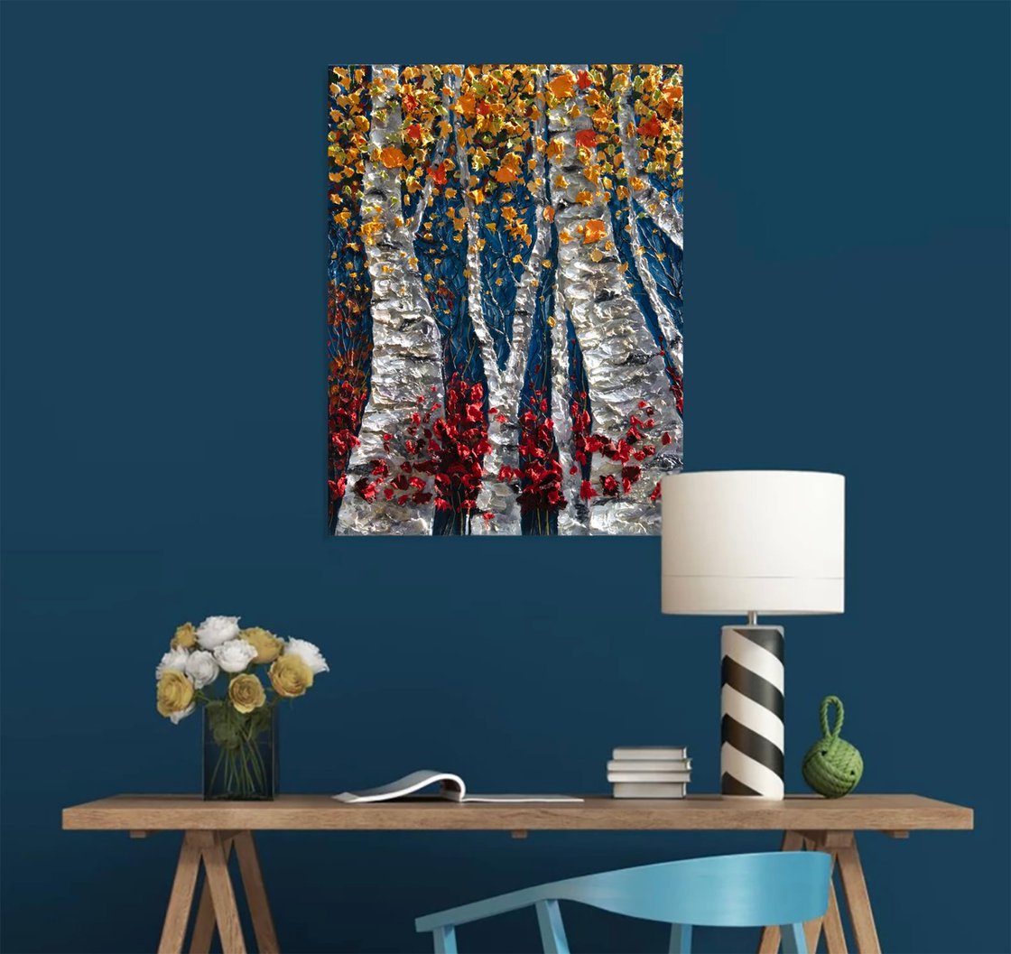 ArtArt45776940's tweet photo. Enjoy golden Colorado autumn. https://t.co/pSphjhfliC This 24x32" original mixed-media masterpiece is layered with sculptural impasto texture. 🍂✨
#Artfinder #ContemporaryArt #GoldLeafArt #TexturedArt #InteriorDesign #ArtForSale #AbstractArt #ArtLovers #ArtCollector #LandscapeArt #OlenaArt
Close-up of a large, textural original painting titled Golden Aspen Grove. Thick, sculptural layers of gold, yellow, and white impasto paint are applied with a palette knife to create an abstract impression of a sunlit aspen tree forest in Colorado during autumn. The surface is highly textured with peaks and valleys of paint.