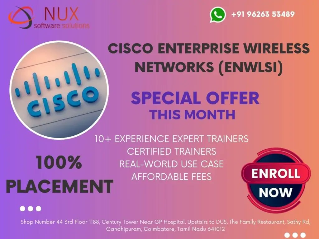 NuxSoftware's tweet image. Master enterprise Wi-Fi with Cisco ENWLSI 300-430 in Coimbatore! Learn DNA Center, Catalyst 9800, ISE, RF design, QoS & troubleshooting.
#CiscoENWLSI #CCNPEnterprise #WirelessNetworking