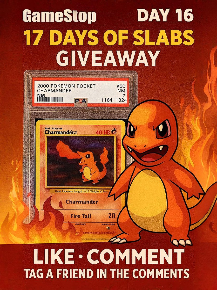 RoaringSensei's tweet photo. 🔥 Day 16 of #17DaysOfSlabs with @GameStop @PowerPacks! 🔥

Today’s prize is a classic 2000 Pokémon Rocket Charmander (PSA 7) – this little lizard means business! 😠

To enter:
1️⃣ Like ❤️
2️⃣ Retweet 🔁
3️⃣ Tag a friend in the comments that spits fire...👇

Entries close at midnight (UK time) and winner selected at random! Good luck! 💎

#Pokemon #GameStop #PowerPacks #PSA