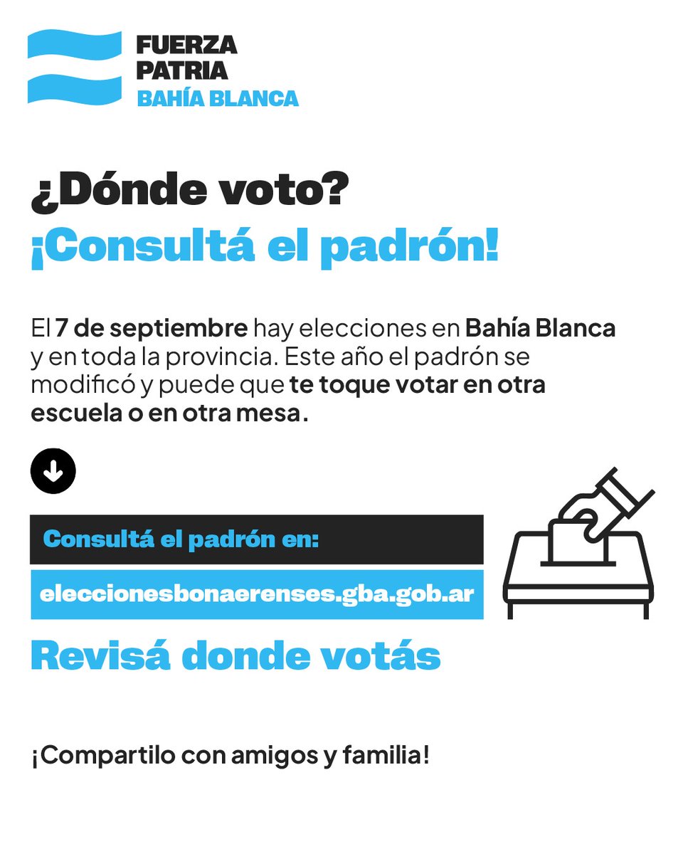 ¿Ya sabés dónde votás?
Consultá tu lugar en 👉 eleccionesbonaerenses.gba.gob.ar.

⚠️ Tené en cuenta que el padrón cambió, por eso es importante que revises tu mesa y establecimiento antes de ir.

📌 Si tenés entre 18 y 70 años, el voto es obligatorio.