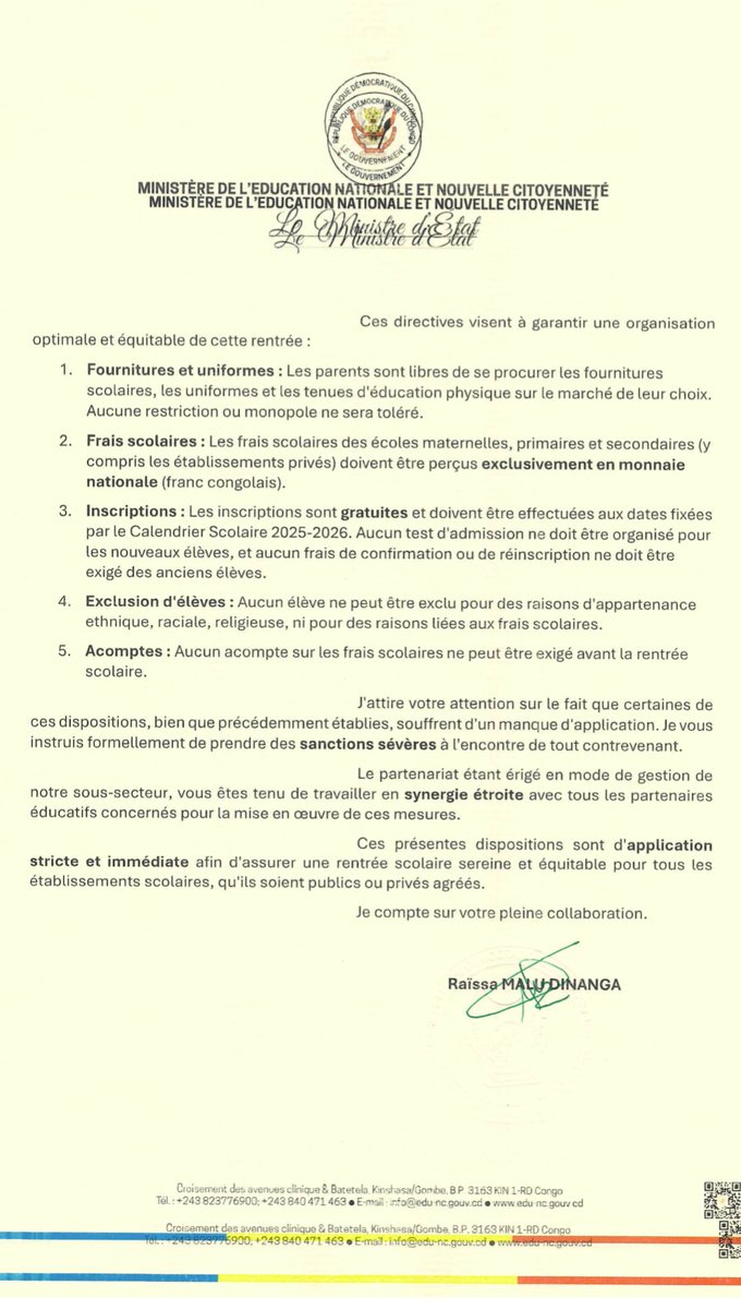 Isiro Yetu (@isiroyetu) on Twitter photo #RDC | Année scolaire 2025/26, la <a href="/MinisterEDU_NC/">Ministère de l'Education Nationale-NC</a> de l'Ed. Nationale, SE <a href="/malu_raissa/">Raïssa Malu</a> d'un ton ferme sur les dispositions pratiques à prendre pour la rentrée prévue au 01/09/2025. Les frais sont perçus en monnaie nationale, les parents choisissent les fournitures et uniformes,... #RDC | Année scolaire 2025/26, la <a href="/MinisterEDU_NC/">Ministère de l'Education Nationale-NC</a> de l'Ed. Nationale, SE <a href="/malu_raissa/">Raïssa Malu</a> d'un ton ferme sur les dispositions pratiques à prendre pour la rentrée prévue au 01/09/2025. Les frais sont perçus en monnaie nationale, les parents choisissent les fournitures et uniformes,...