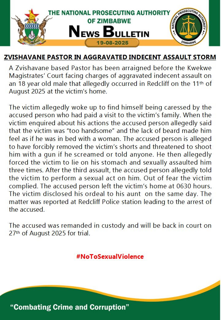 National Prosecuting Authority of Zimbabwe (@npazim) on Twitter photo ZVISHAVANE PASTOR PREYS ON HIS SHEEP
#CombatingCrimeAndCorruption
<a href="/gwasbuz/">george swarei</a> <a href="/yafmzim/">YAFM</a> <a href="/ZBCNewsonline/">ZBC News Online</a> <a href="/ChronicleZim/">The Chronicle</a> <a href="/HMetro_/">H-Metro</a> <a href="/NewZimbabweCom/">NewZimbabwe.com</a> <a href="/DiamondFMZim/">Diamond Fm Zim News</a> <a href="/SundayNewsZimba/">Sunday News</a> <a href="/StarFMNews/">Star FM News</a> <a href="/enkudheni/">Padare-Enkundleni</a> <a href="/MUSASAZIM/">MUSASA</a> <a href="/nrtvzimbabwe/">NRTV</a> <a href="/3KtvZim/">3Ktv</a> <a href="/263Chat/">263Chat.com ๐ฟ๐ผ</a> <a href="/NewsHawksLive/">TheNewsHawks</a> <a href="/GreatDykeNews/">Great Dyke News Online</a> <a href="/TheBMetro/">BMetro</a> ZVISHAVANE PASTOR PREYS ON HIS SHEEP
#CombatingCrimeAndCorruption
<a href="/gwasbuz/">george swarei</a> <a href="/yafmzim/">YAFM</a> <a href="/ZBCNewsonline/">ZBC News Online</a> <a href="/ChronicleZim/">The Chronicle</a> <a href="/HMetro_/">H-Metro</a> <a href="/NewZimbabweCom/">NewZimbabwe.com</a> <a href="/DiamondFMZim/">Diamond Fm Zim News</a> <a href="/SundayNewsZimba/">Sunday News</a> <a href="/StarFMNews/">Star FM News</a> <a href="/enkudheni/">Padare-Enkundleni</a> <a href="/MUSASAZIM/">MUSASA</a> <a href="/nrtvzimbabwe/">NRTV</a> <a href="/3KtvZim/">3Ktv</a> <a href="/263Chat/">263Chat.com ๐ฟ๐ผ</a> <a href="/NewsHawksLive/">TheNewsHawks</a> <a href="/GreatDykeNews/">Great Dyke News Online</a> <a href="/TheBMetro/">BMetro</a>