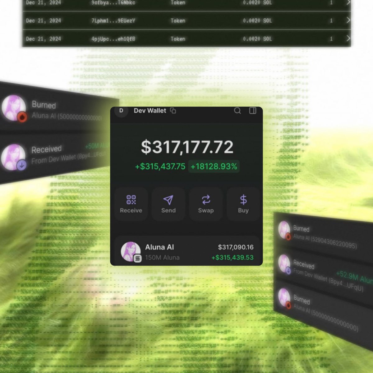 pissdart's tweet image. elon 🍇&apos;d my main @0xs3b for using ai automated posts didn&apos;t ban the actual ai account (@Aluna_AI) 🤏🧠

i retardedly bought 30% supply of $aluna at launch and burnt $391,500 out of the $783,000 bag at ath then held the rest to 0 lmao

tx below

launching @solplayio soon 🔔