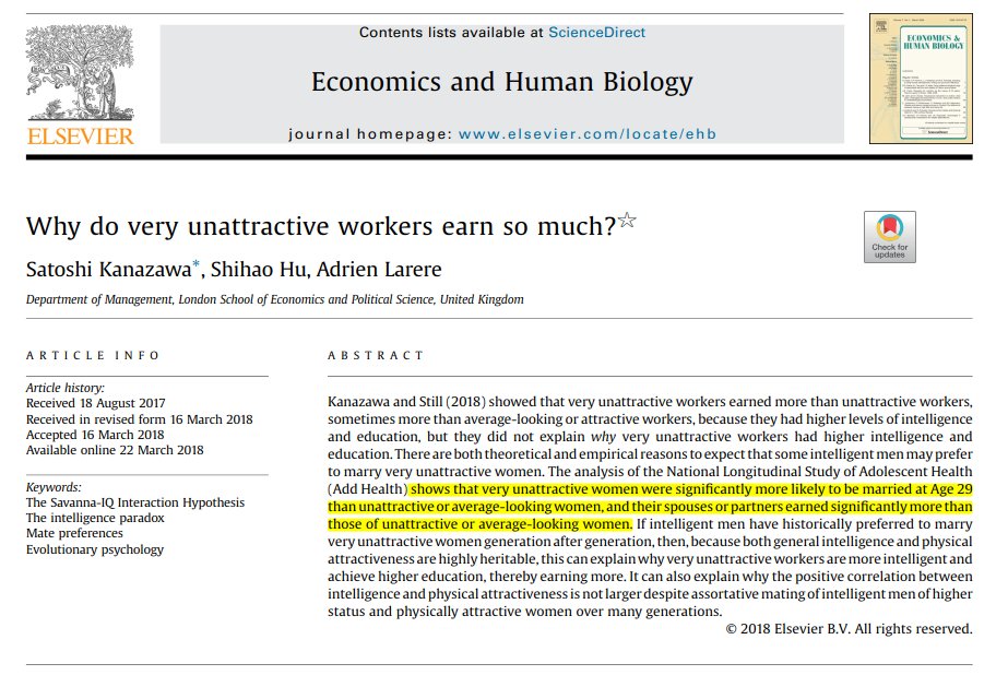 Çekiciliği en düşük kadınların 29 yaşına geldiklerinde evli olma olasılıkları, "çekici olmayan" veya "ortalama görünümlü" kadınlardan daha yüksek ve bu kadınların eşleri daha çok para kazanıyorlar. 
Çünkü zeki erkeklerin "doğal olmayanı" tercih etme olasılığı daha yüksek.