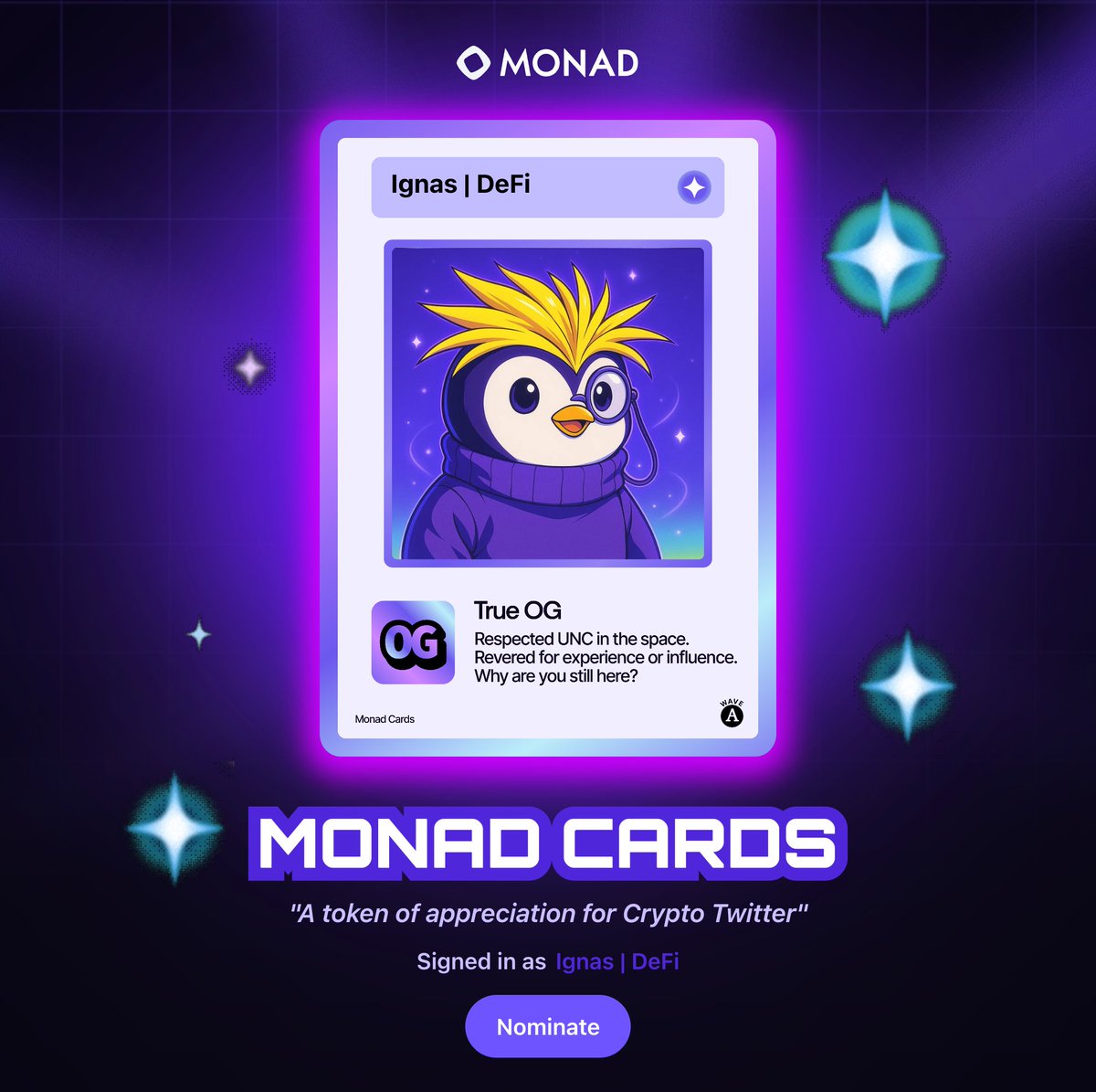 Ignas DeFi 的 Monad 卡，特色是一只带耳机和尖刺发型的紫色企鹅头像，以及 True OG 头衔