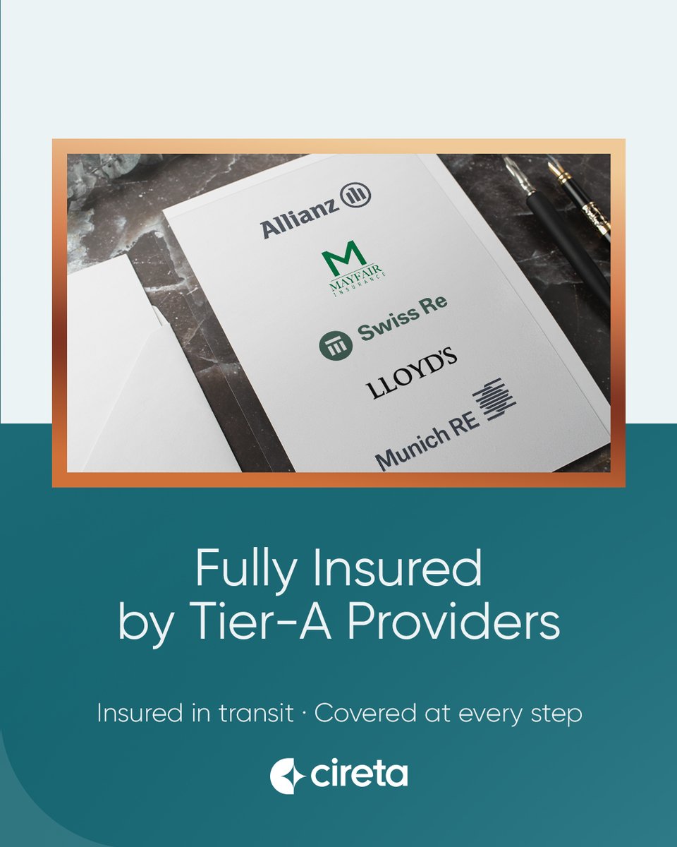 Cireta Official (@ciretaofficial) on Twitter photo All deliveries are insured via Mayfair and Allianz.
Reinsured by Swiss Re, Lloydβs, and Munich Re for complete risk protection.
π View pitch deck β cdn.cireta.com/newsletter/Copβ¦
π© Contact: sales@cireta.com All deliveries are insured via Mayfair and Allianz.
Reinsured by Swiss Re, Lloydβs, and Munich Re for complete risk protection.
π View pitch deck β cdn.cireta.com/newsletter/Copβ¦
π© Contact: sales@cireta.com