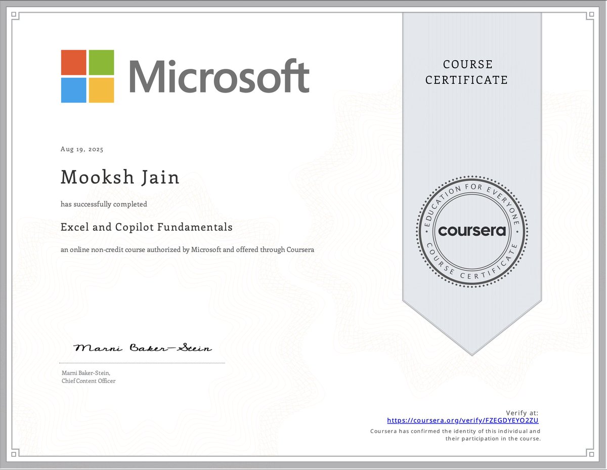 Maverickbitcode's tweet image. Just completed the Excel and Copilot Fundamentals course by Microsoft 1 down, 3 to go! Learning how AI and Excel work together has been a game-changer for productivity and data skills. Excited to keep leveling up!