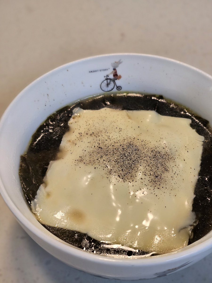 치즈미역국🧀 미역국에 치즈 한장 올리고 후추 뿌려서 그대로 떠먹어요.. 치즈만 올렸을 뿐인데 씨위드슾이라고 불러야 할 거 같음(?)  다른 부재료 없이 미역만 넣고 끓였는데 사골 같은 맛이 나요.. 너무 맛있음!