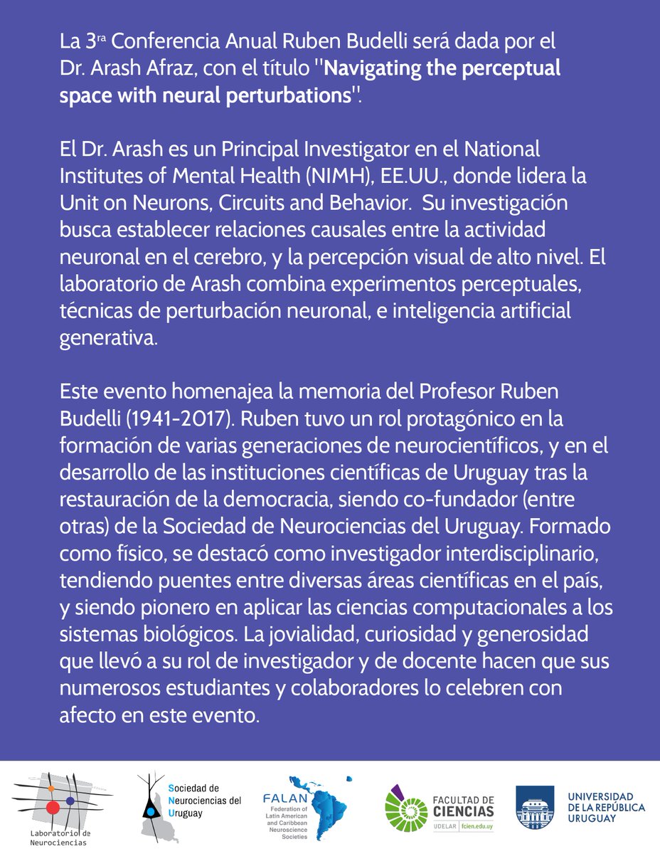 cicada.uy (@cicadauy) on Twitter photo 📢El 9 de setiembre será la 3ra conferencia anual Prof. Ruben Budelli.
Contará con la participación de Arash Afraz, del National Institute of Mental Health (<a href="/NIMHgov/">National Institute of Mental Health (NIMH)</a>).
👉Para pedir el link de Zoom o realizar consultas, escribir a conferenciarubenbudelli@gmail.com 📢El 9 de setiembre será la 3ra conferencia anual Prof. Ruben Budelli.
Contará con la participación de Arash Afraz, del National Institute of Mental Health (<a href="/NIMHgov/">National Institute of Mental Health (NIMH)</a>).
👉Para pedir el link de Zoom o realizar consultas, escribir a conferenciarubenbudelli@gmail.com