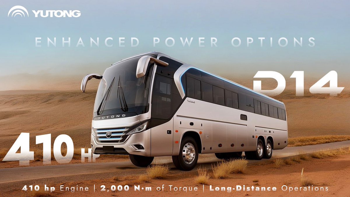 Yutong_tanzania's tweet photo. ⚡ Power That Drives Possibilities

Built for the toughest journeys, the Yutong D14 offers three powerful engine options, including the top-of-the-line 410 hp engine, delivering up to 2,000 N·m of torque.
#Yutong #YutongCoach #D14 #StrongPower #LongDistance #HeavyLoad https://t.co/ddpcRl5y4n