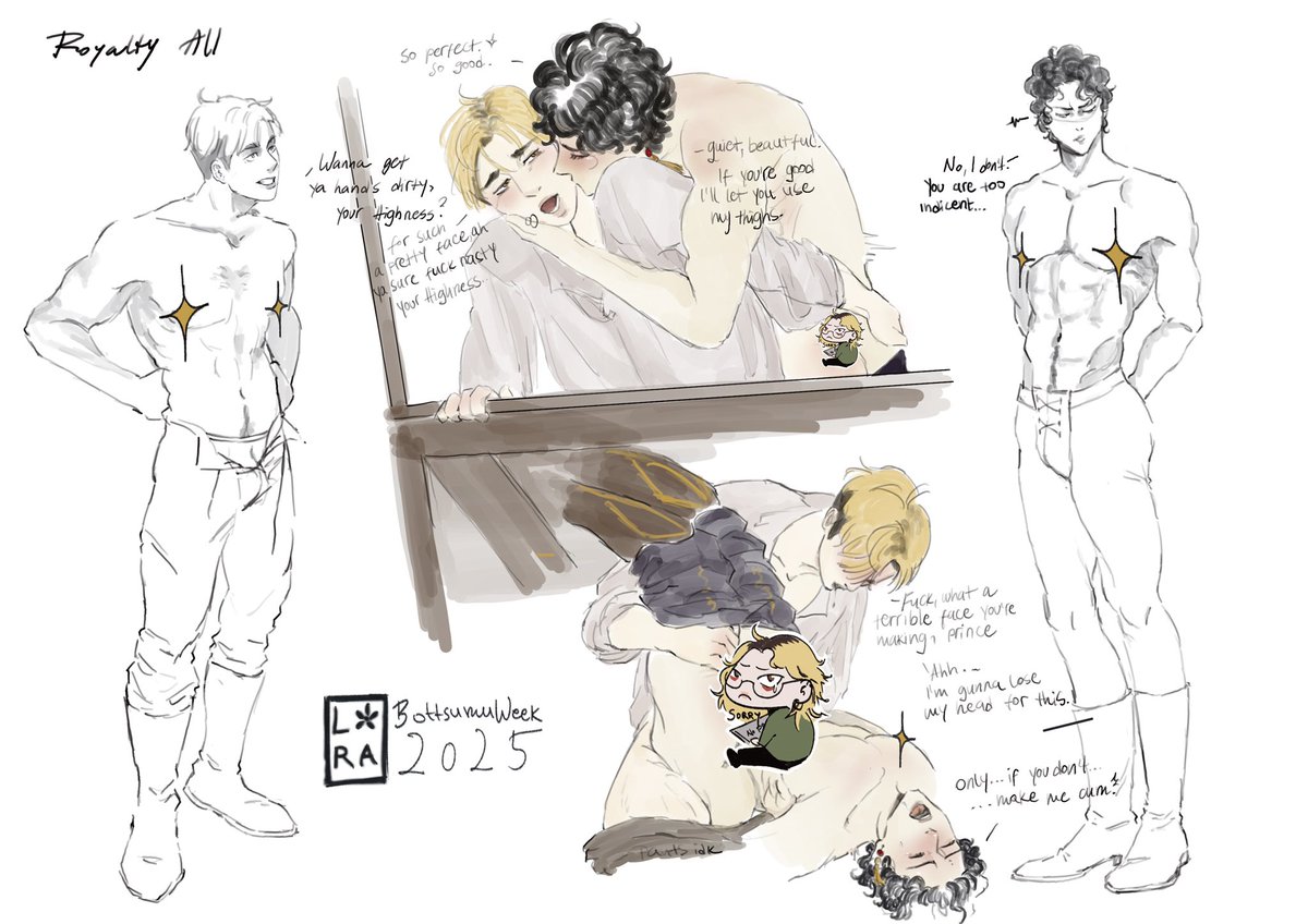 #BottsumuWeek2025 Day 2: Royalty AU, thighs kind of

I have to post a censored version, but u can see it on patreon in its full glory.

Prince Kiyoomi is absolutely enamoured by the blond stable hand that takes care of his horse.