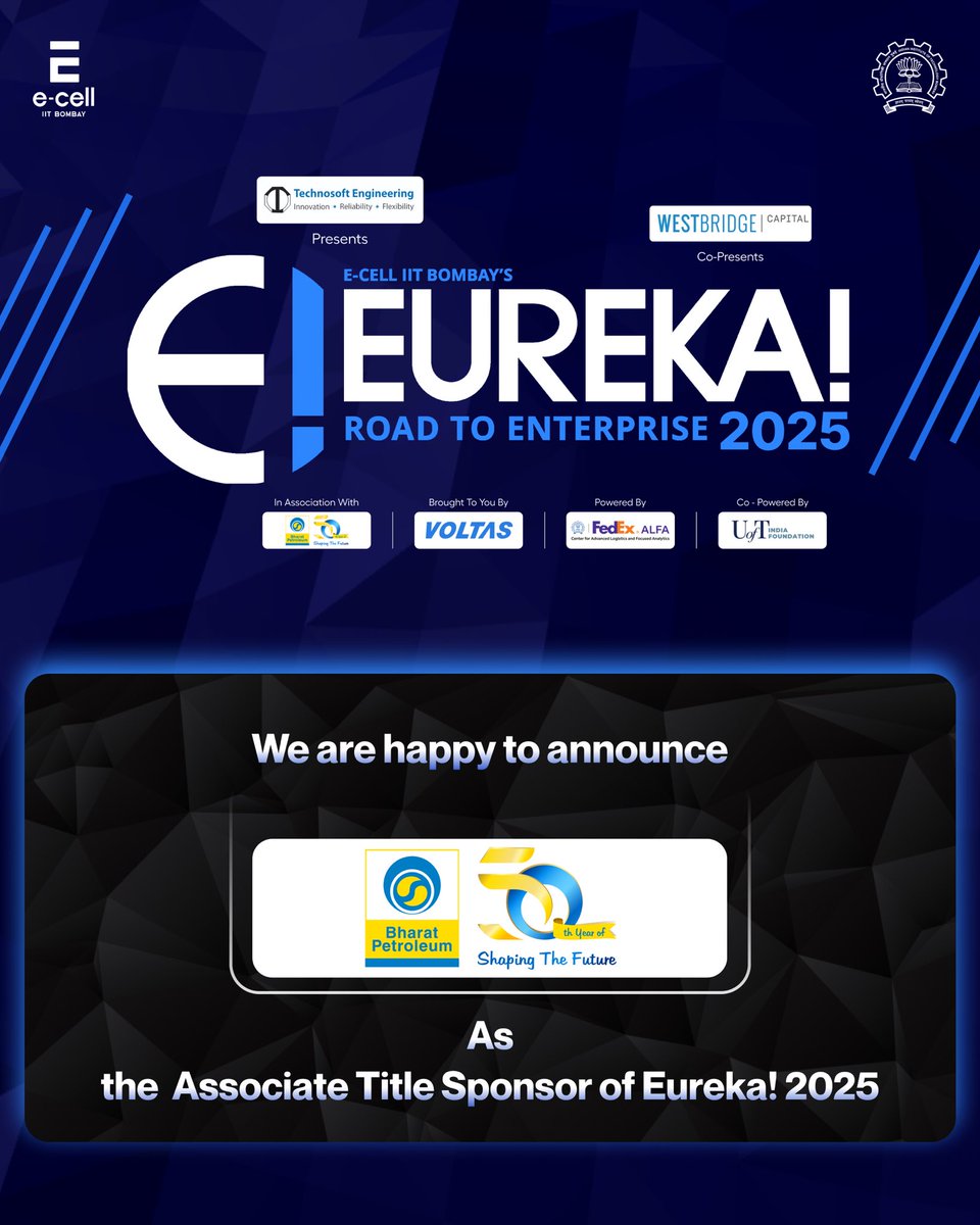ecell_iitb's tweet image. Eureka! 2025 is presented by Technosoft Engineering Solutions in association with BPCL and powered by FedEx.

We are also supported by Sustainability Partner EarthON Foundation and Tattva by Somany Impressa Group as knowledge partner.
#sponsor #ecell #iitbombay