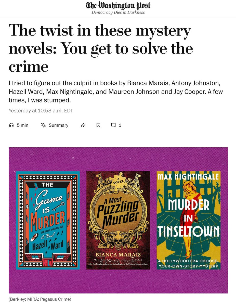 What a treat to be included in this fabulous roundup of immersive crime novels in <a href="/washingtonpost/">The Washington Post</a> ahead of Murder in Tinseltown's US launch.

And in some esteemed company too!!!