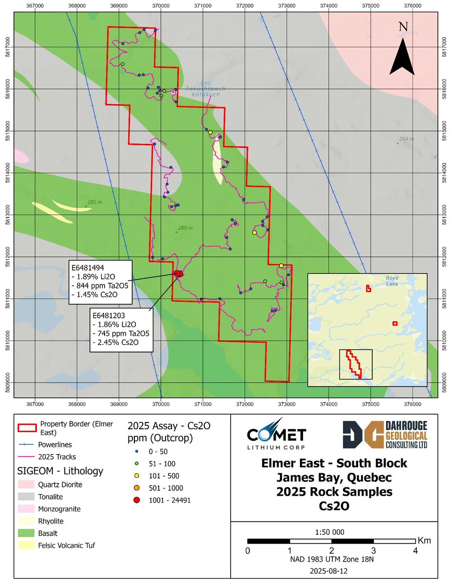 CometLithium's tweet image. Comet Lithium Reports High-Grade Caesium and Lithium Assay Results from Grassroots Pegmatite Discovery at Elmer East Project, James Bay, Québec 

cometlithium.com/comet-lithium-…

TSXV: $CLIC | FSE: $8QY | CometLithium.com