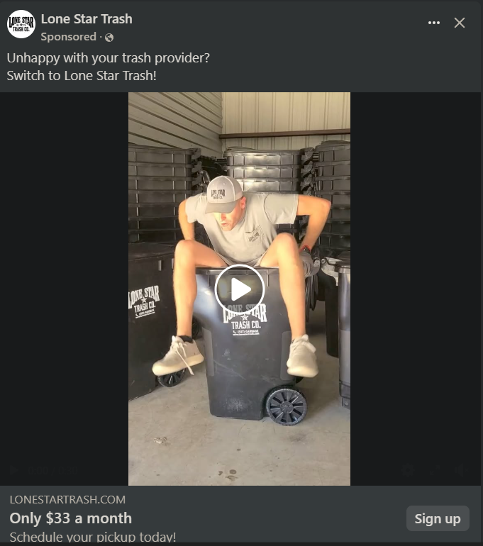 Roger Abbot (@sinwhoframed) on Twitter photo Mrs: What's the name of our trash company again? You know, the guy from X? Is it Lonestar Trash?
Me: Yes, why?
Mrs: Oh good! His ads have been hitting my FB feed and they are funny. I am glad we use him.
<a href="/AKASpencerScott/">Spencer Scott</a> Mrs: What's the name of our trash company again? You know, the guy from X? Is it Lonestar Trash?
Me: Yes, why?
Mrs: Oh good! His ads have been hitting my FB feed and they are funny. I am glad we use him.
<a href="/AKASpencerScott/">Spencer Scott</a>