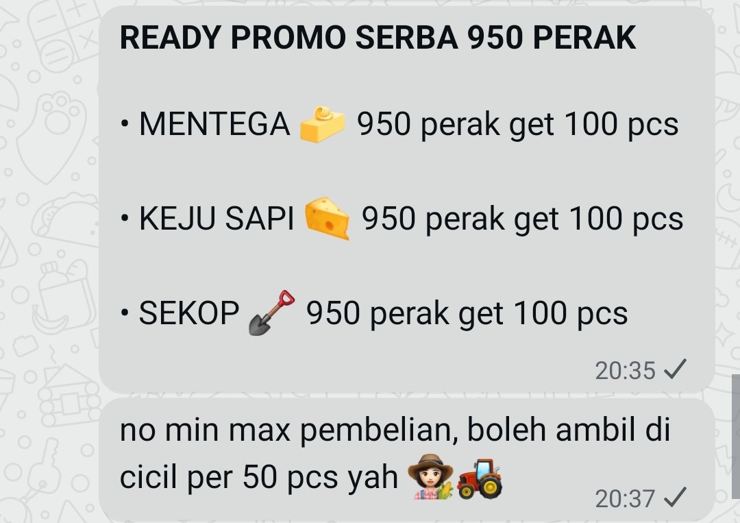 hi #seller di sini ! aku ready promo serba 950 perak get 100 pcs yahhh 🐄🌟🍒🪏  available payment qris &amp; all e wallet, boleh cicil ambil per 50 pcs >< 

wa.me//6288809031975