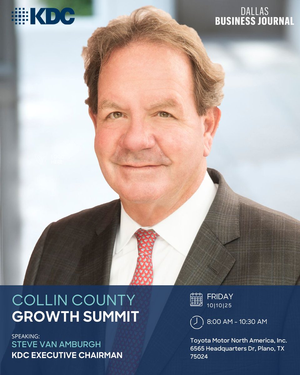 KDC_Development's tweet image. KDC Executive Chairman Steve Van Amburgh will join real estate leaders at the Collin County Growth Summit on Oct. 10. Steve and KDC have helped shape Collin County’s growth, developing 14M SF in 36 years, and will continue shaping its future.
More: bizjournals.com/dallas/event/1…