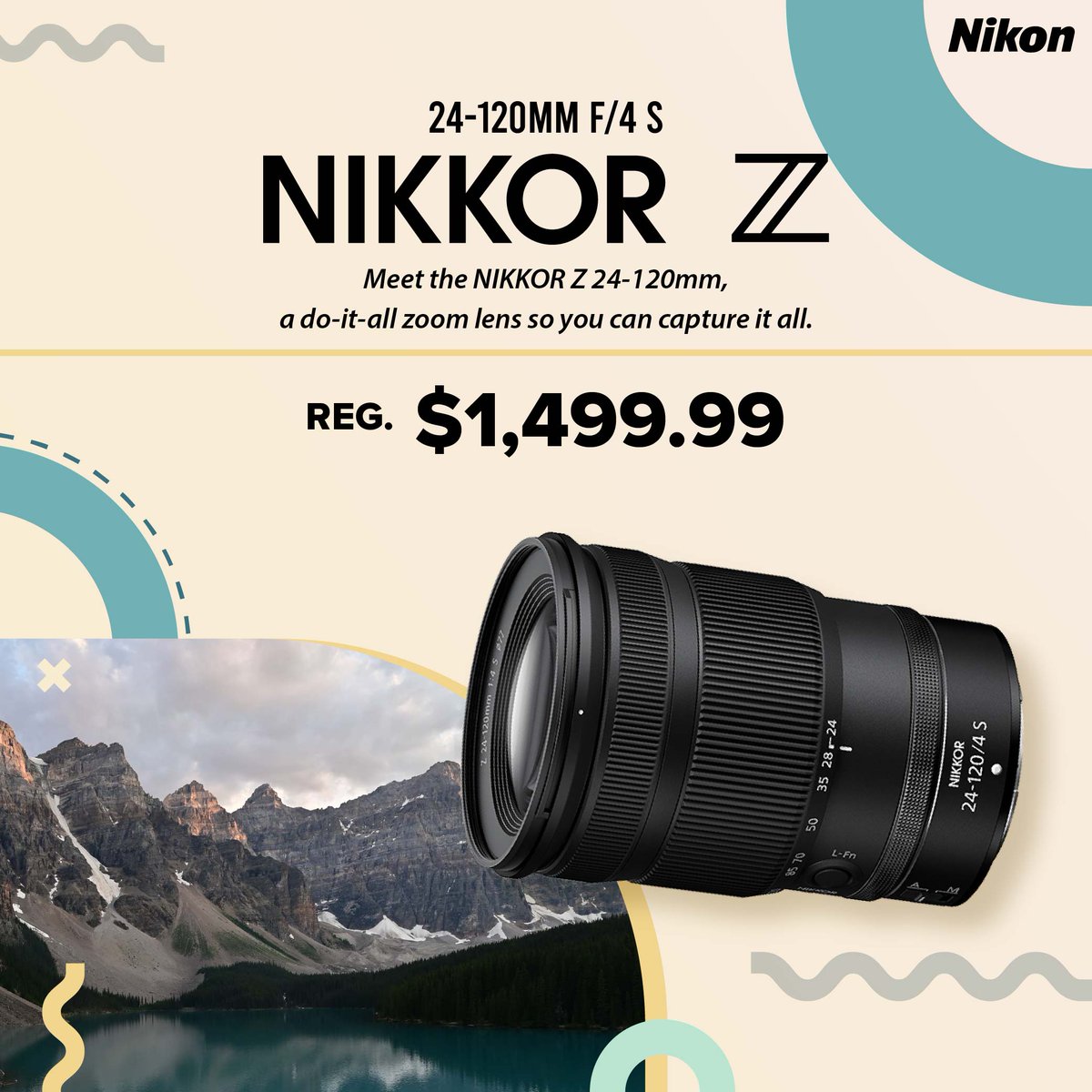 CameraKingston1's tweet image. NIKKOR Z 24-120mm f/4 S
REG: $1,499.99
Meet the NIKKOR Z 24-120mm, a do-it-all zoom lens so you can capture it all.
#fotosource #NIKKOR24_120 #NikonZ #TravelLens #ConstantF4 #SharpOptics #WeatherSealed #EverydayZoom #ZSeries #ProLens