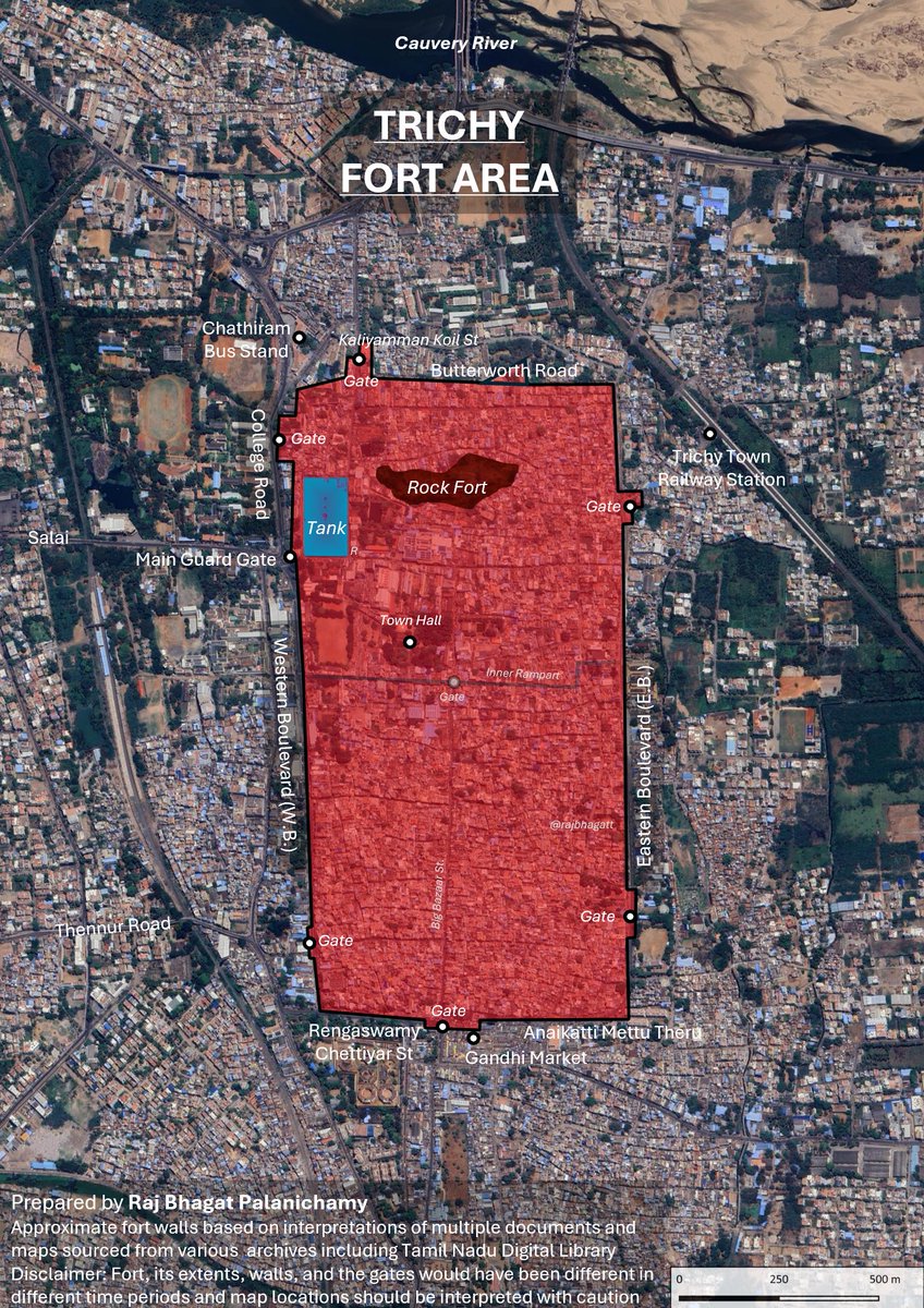 rajbhagatt's tweet photo. #Map of #Trichy Fort in the 18th century overlaid on Google Maps background for reference

Fort walls are approximately drawn based on my interpretations of many maps and documents https://t.co/fiD2nWatjK