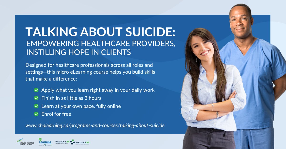 CHA Learning (@cha_learning) on Twitter photo Learn to recognize suicide risk, respond with empathy, & engage in supportive conversations. CHA Learning & <a href="/MHCC_/">Mental Health Commission of Canada</a> have partnered to offer Talking About Suicide—a free, online course that can be completed in as little as 3 hours.
This program has received financial support from Learn to recognize suicide risk, respond with empathy, & engage in supportive conversations. CHA Learning & <a href="/MHCC_/">Mental Health Commission of Canada</a> have partnered to offer Talking About Suicide—a free, online course that can be completed in as little as 3 hours.
This program has received financial support from