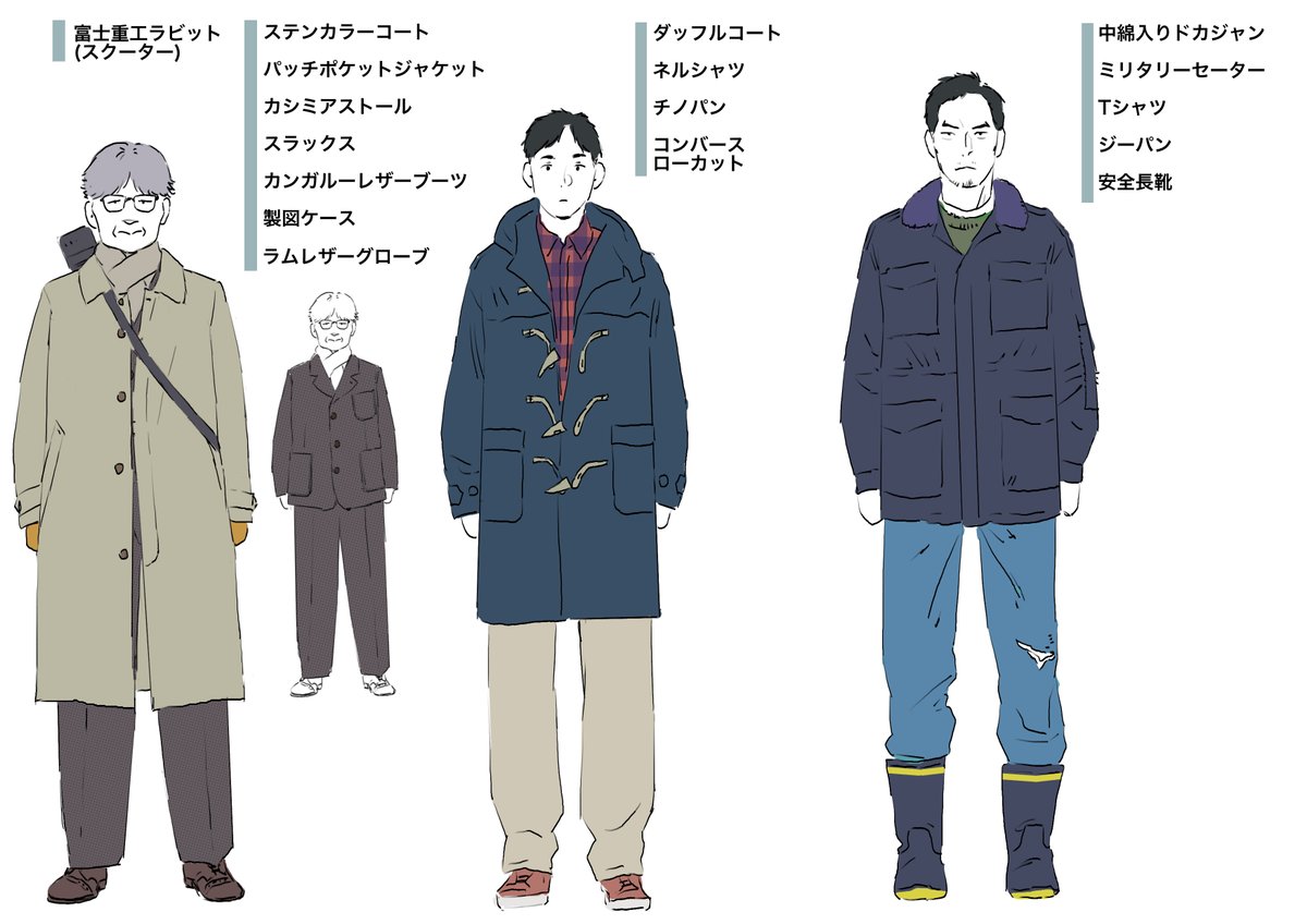 もっと『世界の終わりの洋裁店』を皆さんに知っていただきたい!と、いうことで何回かに分けて作品の設定画等を開陳していきたいと思います。
外向けに作成したものではないのでお見苦しい箇所もあるかと思いますがよろしければお付き合いください。
まずは1話より衣装設定を。 #世界の終わりの洋裁店 