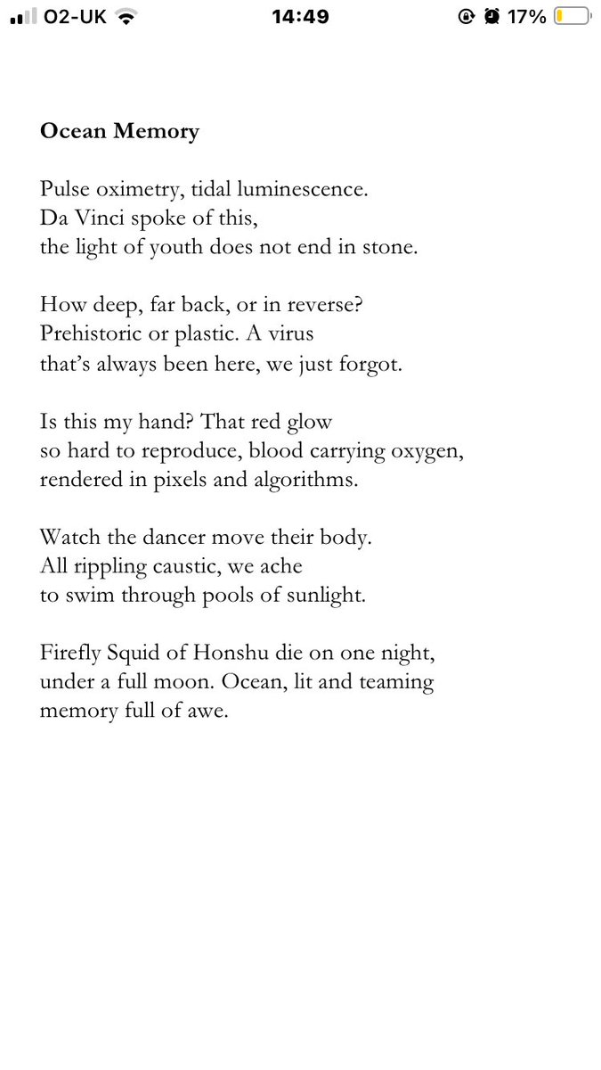 Eleanor Holmes (@eliot_north) on Twitter photo <a href="/TopTweetTuesday/">TopTweetTuesday</a>
<a href="/blackboughpoems/">Black Bough Poetry / Barddoniaeth Y Gangen Ddu</a>
Thank you to <a href="/PoetBex/">Bex Hainsworth</a> for the prompt #bodies
This poem ‘Ocean Memory’ I’ve been wrestling with for a while. A meditation on the wonders of nature, human and animal bodies, as well as bodies of water. Life cycles, fascinate me.
⭕️ <a href="/TopTweetTuesday/">TopTweetTuesday</a>
<a href="/blackboughpoems/">Black Bough Poetry / Barddoniaeth Y Gangen Ddu</a>
Thank you to <a href="/PoetBex/">Bex Hainsworth</a> for the prompt #bodies
This poem ‘Ocean Memory’ I’ve been wrestling with for a while. A meditation on the wonders of nature, human and animal bodies, as well as bodies of water. Life cycles, fascinate me.
⭕️