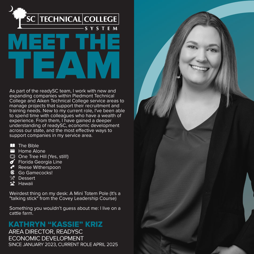 It’s our people who set us apart. Meet the talented team ensuring affordable, accessible, and relevant career and technical education for all South Carolinians!

Presenting readySC Area Director, Kassie Kriz.

#MeetTheTeam