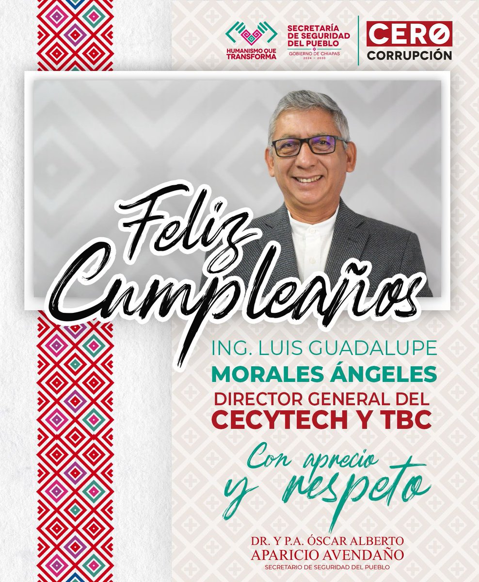 Feliz cumpleaños le deseamos con aprecio y cariño, de parte de la Secretaría de Seguridad del Pueblo, que dirige el doctor y piloto aviador, Óscar Alberto Aparicio Avendaño.

#SecretaríaDeSeguridadDelPueblo
#HumanismoQueTransforma
#CeroCorrupción
