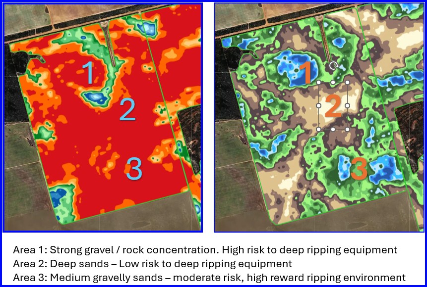 Be sensible and plan better this summer. 

Don't run in with your shiny new Deep Ripper without some solid thought towards your soil types, fuel usage and possible damage. #jfg #deeperisbetter 

Left, EM map. Right, Gamma radiometric map.