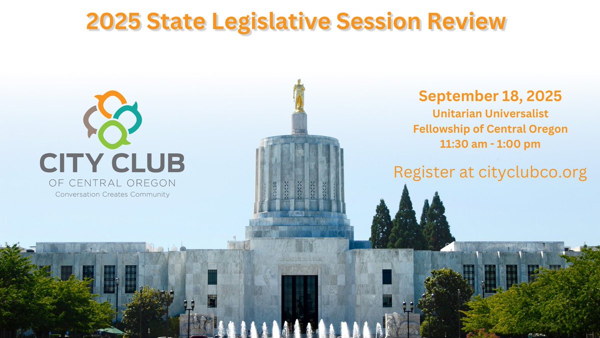 📅 Sept 18 | 11:30–1:00 | Bend
Join <a href="/CityClubCO/">Robert Killen</a> for the 2025 Legislative Review Forum with our local state legislators Hear what passed, what’s next, &amp; what it means for Central Oregon.

🔗 Register: events.cityclubco.org

#CentralOregon #ORleg