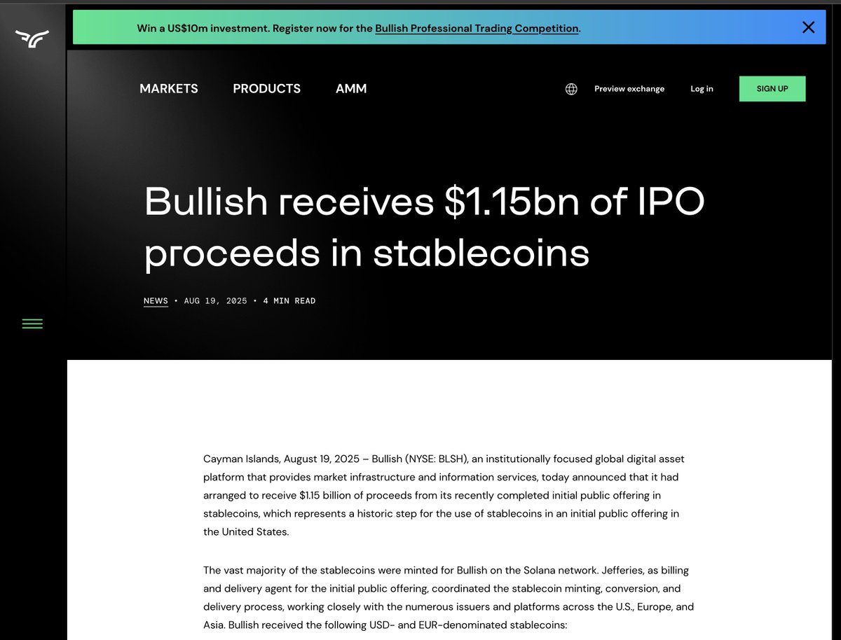Bullish IPO announcement in stablecoins