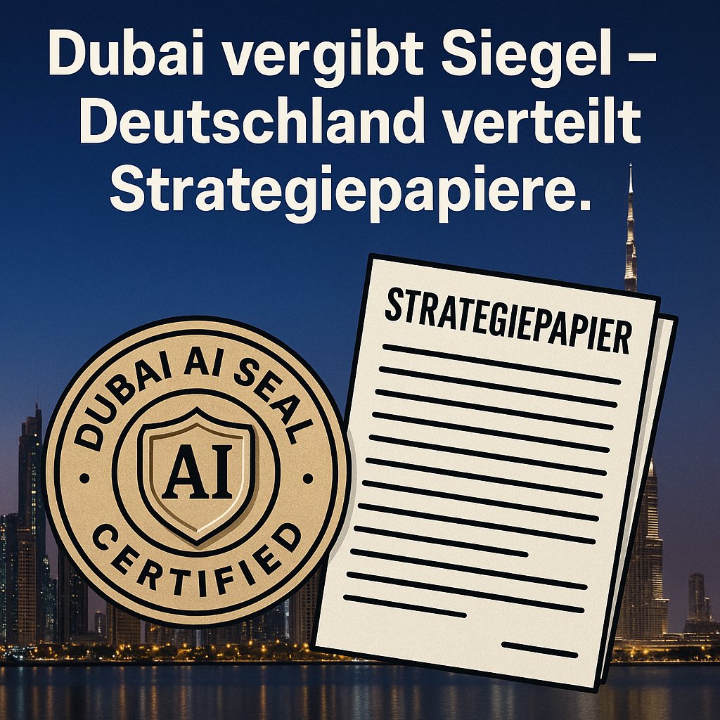 Dubai vergibt Siegel – Deutschland verteilt Strategiepapiere

Dubai hat es wieder getan. Mit dem „AI Seal“ führt die Stadt ein Gütesiegel für KI-Unternehmen ein, das so einfach wie durchschlagend ist: Wer auf dem Markt bestehen will, muss sich zertifizieren lassen. Sechs Stufen,